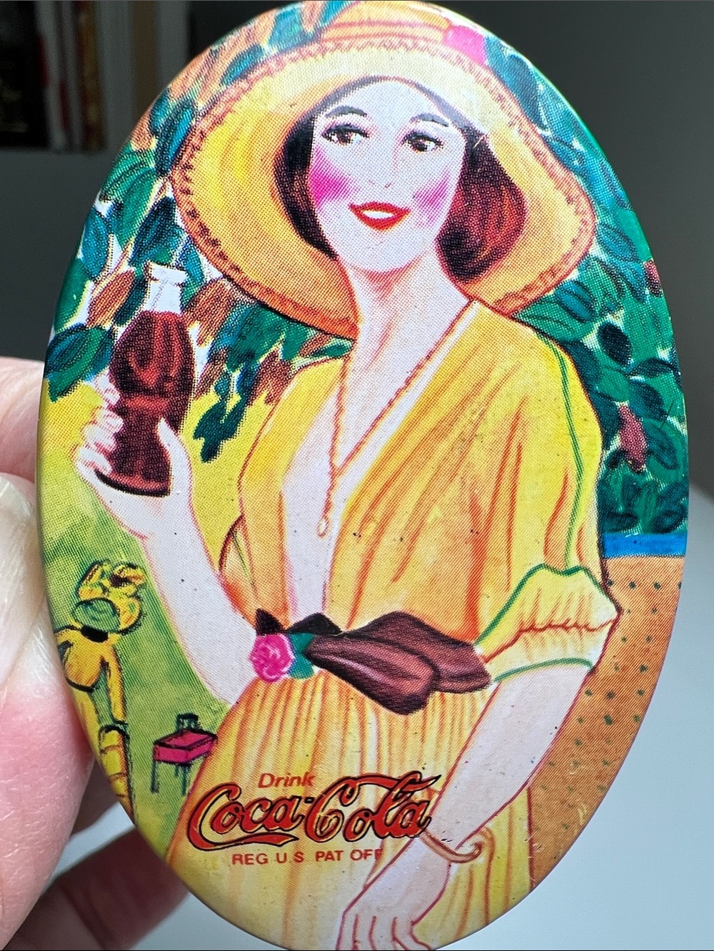 Coca Cola Women's Yellow Decorative Oval Tin with Green Accents Sewing Kit